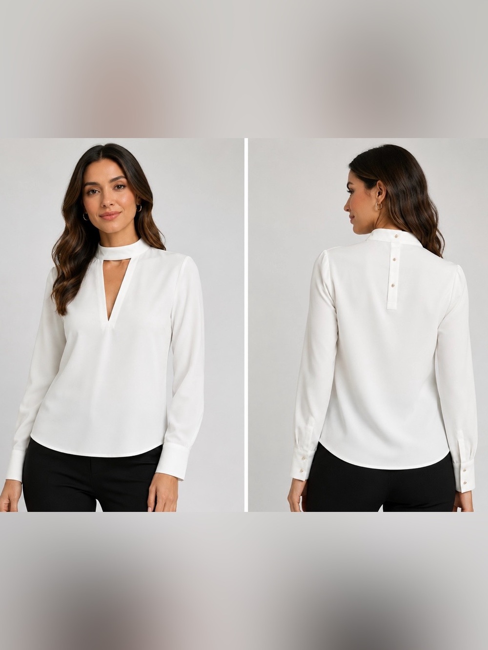 Zara Ivory Mock Neck Keyhole Blouse Gold Button Cuffs Long Sleeve Top